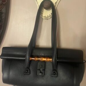 Gucci Black Leather Handbag with Bamboo Accent